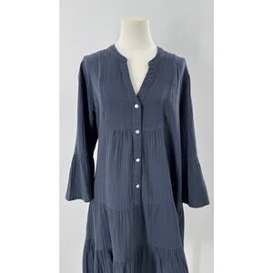 Quince Organic Cotton Gauze Long Sleeve Tiered Mini Dress Navy Blue Large NWT